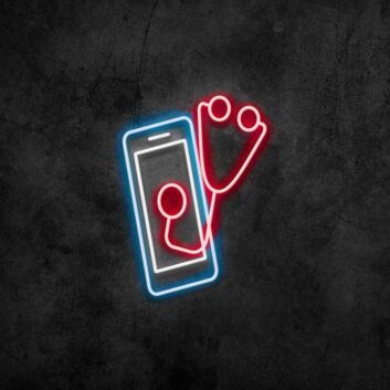 Handyreparatur LED-Neonschild mit Smartphone und Stethoskop