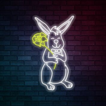 Hase mit Blume LED-Neonschild für Kinderzimmer oder Osterdekoration