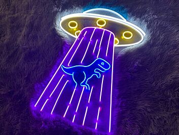 LED Neonschild mit UFO und Dinosaurier als leuchtende Wanddekoration für Kinderzimmer Gamingraum und moderne Wohnräume
