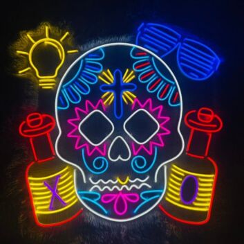 LED Neonschild mit farbigem Totenkopf Motiv im Dia de los Muertos Stil als dekorative Wandbeleuchtung für Wohnzimmer Bar Partyraum oder Studio