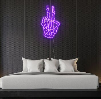 LED Neonschild mit Skelett Hand Peace Zeichen als moderne Wanddekoration für Schlafzimmer Wohnzimmer Studio oder kreative Raumgestaltung