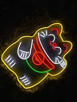 Winkende Glückskatze mit Halsband als LED-Neonschild