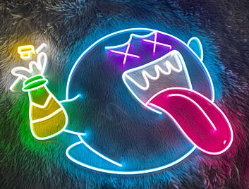 Emoji Geist LED Neonlicht Lustige Wanddekoration mit herausgestreckter Zunge und Flasche für Bar Party und Gaming Room