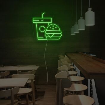 Burger und Getränkebecher LED-Neonschild für Restaurant und Imbiss