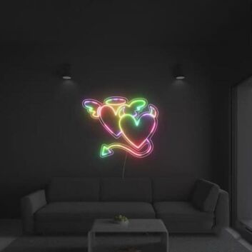 Leuchtendes Herz LED Neonschild mit Engel und Teufel Motiv als moderne Wanddekoration für Wohnzimmer und Schlafzimmer