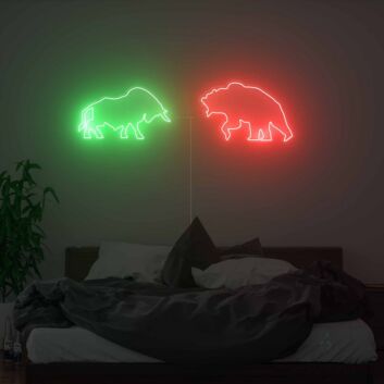 Abstraktes LED Neonschild mit zwei Bären Silhouetten in grün und rot für moderne Wanddekoration