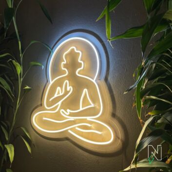 Abstraktes LED Neonschild mit meditierender Figur im Lotus Sitz für ruhige moderne Wanddekoration