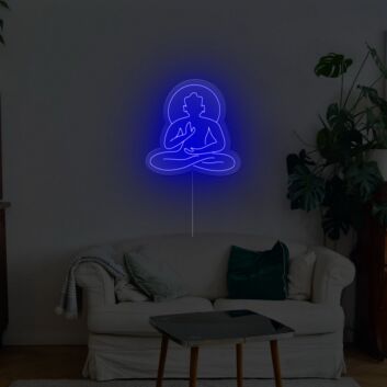 Abstraktes LED Neonschild mit meditierender Figur im Lotus Sitz für ruhige moderne Wanddekoration