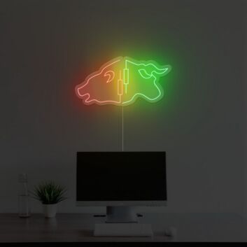 Abstraktes LED Neonschild mit Stier und Bär Motiv als moderne Wanddekoration