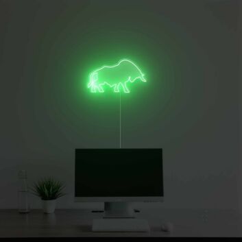Grünes LED Neonschild mit abstrahiertem Stier Motiv als moderne Wanddekoration
