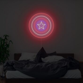 Rundes LED Neonschild mit Stern und geometrischen Kreisen als moderne Wandbeleuchtung für Schlafzimmer oder Wohnräume