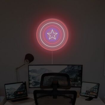 Rundes LED Neonschild mit Stern und geometrischen Kreisen als moderne Wandbeleuchtung für Schlafzimmer oder Wohnräume