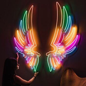 Buntes LED Neonschild mit Flügel Motiv als moderne Wanddekoration für Fotoshootings Bars und Wohnräume