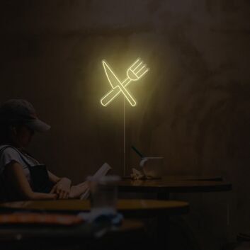 Modernes LED Neonschild mit Messer und Gabel Motiv als stilvolle Wanddekoration für Küche Café oder Restaurant
