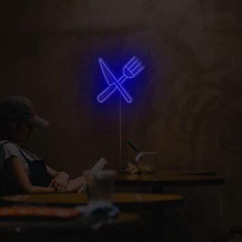 Modernes LED Neonschild mit Messer und Gabel Motiv als stilvolle Wanddekoration für Küche Café oder Restaurant