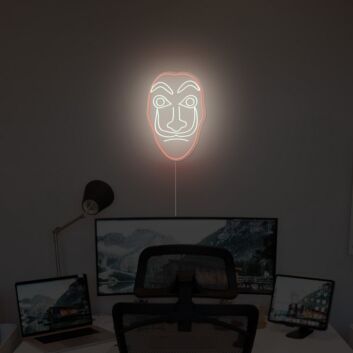 Abstraktes LED Neonschild mit Masken Gesicht als moderne Wanddekoration für Schlafzimmer oder Studio