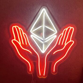 Abstraktes LED Neonschild mit geometrischem Symbol und schützender Handform für moderne Wanddekoration im Wohn oder Arbeitsbereich