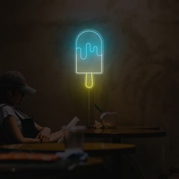 Abstraktes LED Neonschild in Eis am Stiel Form mit fließendem Linienmotiv als moderne Wanddekoration für Café Küche Bar oder kreativen Innenraum