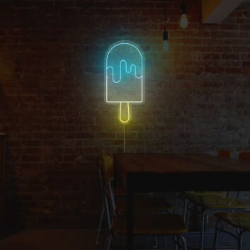 Abstraktes LED Neonschild in Eis am Stiel Form mit fließendem Linienmotiv als moderne Wanddekoration für Café Küche Bar oder kreativen Innenraum