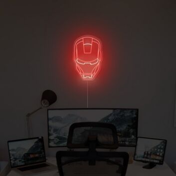 Rotes LED Neonschild im futuristischen Roboterhelm Design als moderne Wanddekoration für Gaming Zimmer Home Office oder Technik Fans