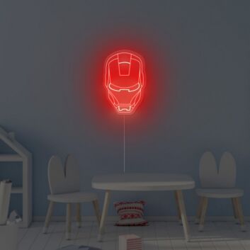 Rotes LED Neonschild im futuristischen Roboterhelm Design als moderne Wanddekoration für Gaming Zimmer Home Office oder Technik Fans