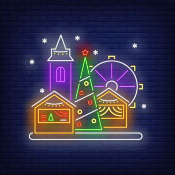 Dekoratives LED Neonschild Weihnachtsdorf mit Häusern Tannenbaum und Riesenrad für festliche Raumgestaltung