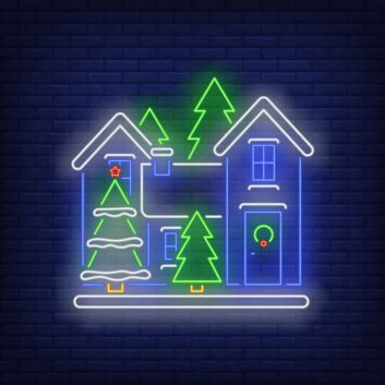 Dekoratives LED Neonschild mit Weihnachtsdorf Häusern und Tannenbäumen für winterliche und festliche Raumgestaltung