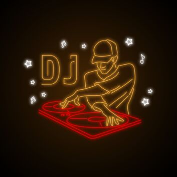 Dekoratives LED Neonschild mit DJ Figur und Turntable Motiv für Club Party und moderne Raumgestaltung