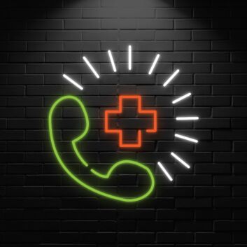 Dekoratives LED Neonschild mit Telefon und Kreuz Symbol für Büro Empfang und moderne Raumgestaltung