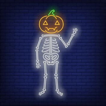 Dekoratives LED Neonschild mit Kürbis und Skelett Motiv für Halloween Wanddekoration und festliche Beleuchtung