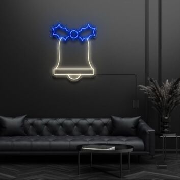 Dekoratives LED Neonschild in Glockenform mit Stechpalmen Motiv für winterliche Wanddekoration