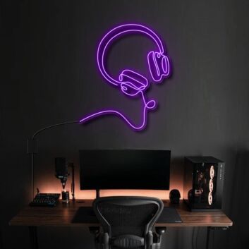 Modernes LED Neonschild mit Kopfhörer und abstraktem Gesichtsprofil als stilvolle Wanddekoration für Musikzimmer, Gaming Setup oder Home Office