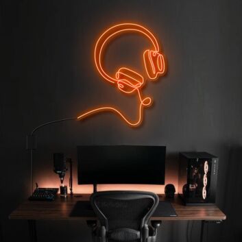 Modernes LED Neonschild mit Kopfhörer und abstraktem Gesichtsprofil als stilvolle Wanddekoration für Musikzimmer, Gaming Setup oder Home Office