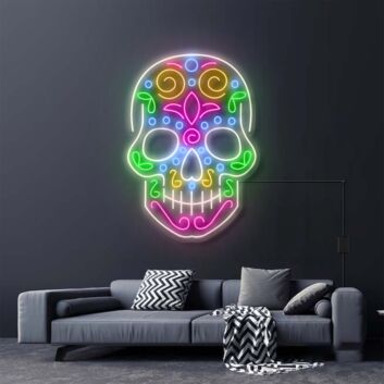 Farbenfrohes LED Neonschild Sugar Skull als dekoratives Wandmotiv für Wohnzimmer, Studio, Bar oder kreative Räume