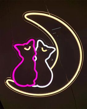 Zwei Katzen im Mond LED Neonschild für Schlafzimmer und gemütliche Wanddekoration