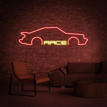 Rotes Rennwagen Auto LED Neonschild mit Schriftzug RACE als moderne Wanddekoration für Garage oder Hobbyraum