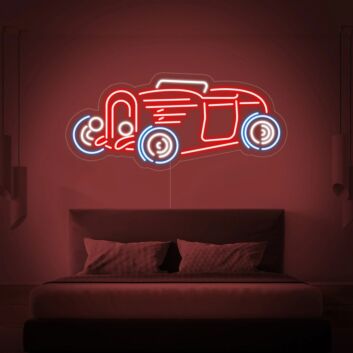 Rotes Hot Rod Auto LED Neonschild im Retro Stil als auffällige Wanddekoration für Schlafzimmer Garage oder Hobbyraum