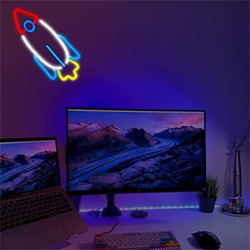 Modernes Raketen LED Neonschild mit Startmotiv als dekorative Wandbeleuchtung für Kinderzimmer Jugendzimmer und zeitgemäße Wohnraumdekoration