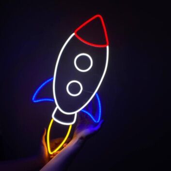 Modernes Raketen LED Neonschild als stilvolle Wanddekoration mit klarem Design für Wohnzimmer Lounge Studio und kreative Raumbeleuchtung
