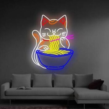 Katze LED Neonschild mit Ramen Motiv im verspielten Design als leuchtende Wanddekoration für Küche Wohnzimmer und Jugendzimmer
