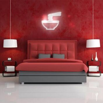 Minimalistisches Ramen LED Neonschild mit Schüssel und Stäbchen Motiv als ruhige Wandbeleuchtung für Schlafzimmer Wohnzimmer und modernes Zuhause