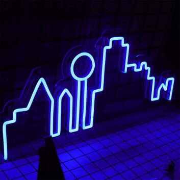 Modernes LED Neonschild mit abstrakter Stadt Silhouette als minimalistische Neon Wanddekoration für Wohnzimmer Büro und moderne Innenräume