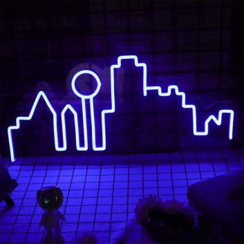 Modernes LED Neonschild mit abstrakter Stadt Silhouette als minimalistische Neon Wanddekoration für Wohnzimmer Büro und moderne Innenräume