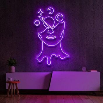 Abstraktes LED Neonschild mit Gesicht und Kosmos Motiv als moderne Wanddekoration für Wohnzimmer Schlafzimmer oder Studio