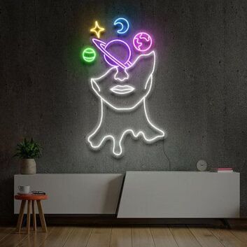 Abstraktes LED Neonschild mit Gesicht und Kosmos Motiv als moderne Wanddekoration für Wohnzimmer Schlafzimmer oder Studio