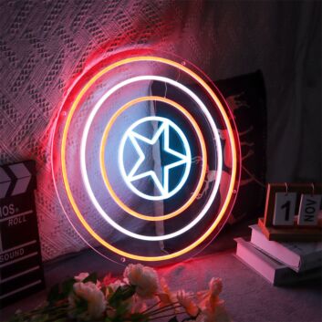 Abstraktes LED Neonschild mit Sternmotiv und geometrischen Kreisen als moderne Wanddekoration