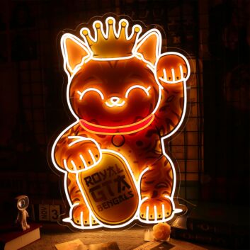 Lucky Cat LED Neon Sign Royal Fortune Kitty with Crown for Home Office Shop Wall Decor