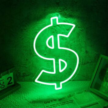 Modernes LED Neonschild Dollar Symbol grafisches Neon Wandlicht als dekoratives Designobjekt für Innenräume