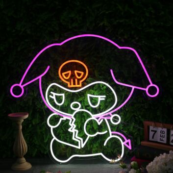 Cartoon Schädel LED Neonschild mit Narrenkappe Abstraktes Herz Motiv Neon Wandlicht