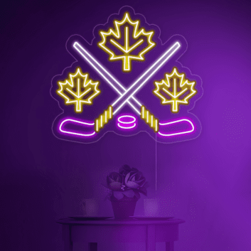 Ahornblatt und gekreuzte Eishockeyschläger LED-Neonschild Sportbar Freizeitraum